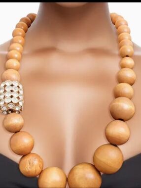 Wood Bead Statement Necklace in Light Brown with Crystal Accent